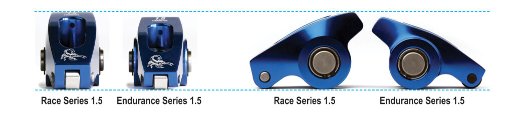 What is the difference between Scorpion Racing Products Race Series and Endurance Series stud mount roller rocker arms?